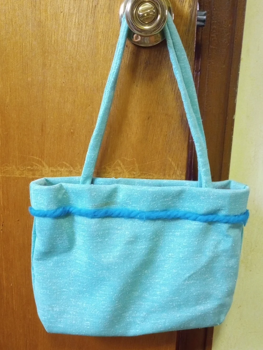 Vintage Retro Green Fabric Tote Purse w/ Aqua Trim & Red Interior